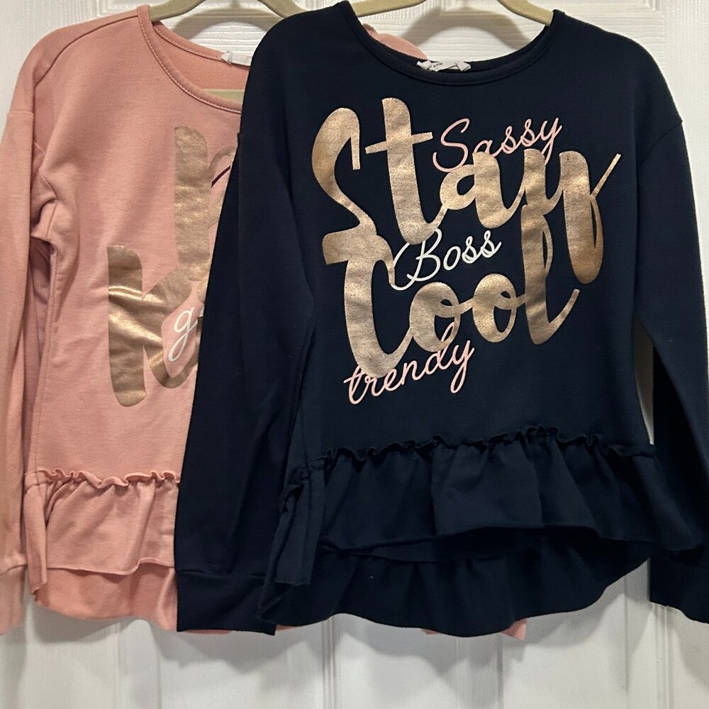 Bundle: (2) Big Girls Long Sleeves Hi Low Screen Print Ruffle Top - Size S